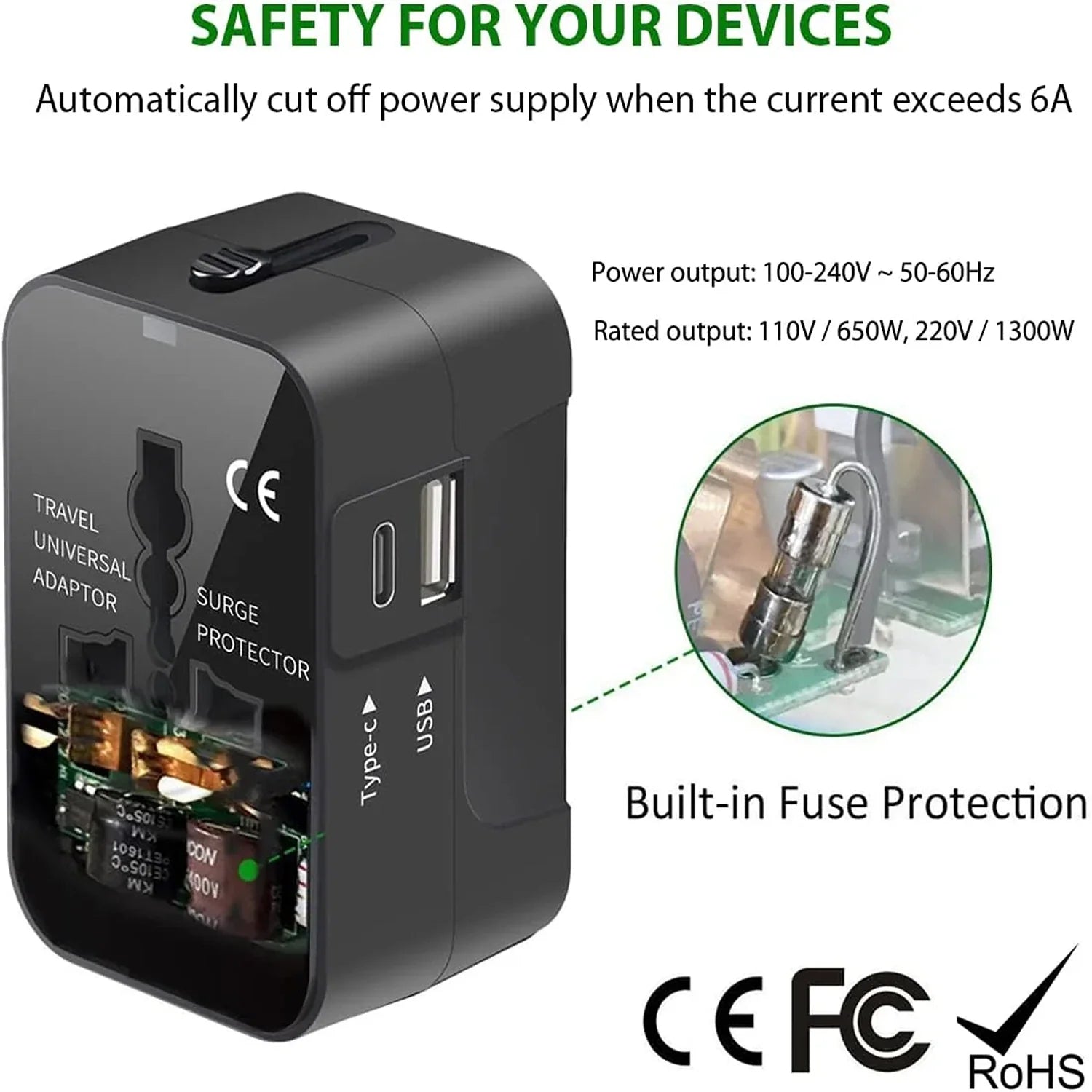 Universal Travel Adapter with USB-C – All-in-One, Foldable Plug