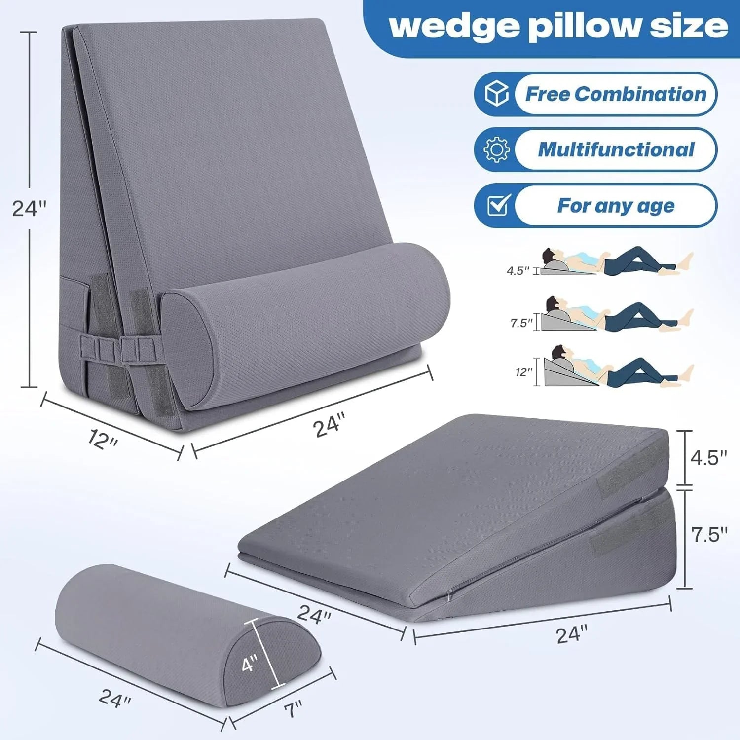 GOHOME 3-Piece Adjustable Wedge Pillow Set – Memory Foam, Grey