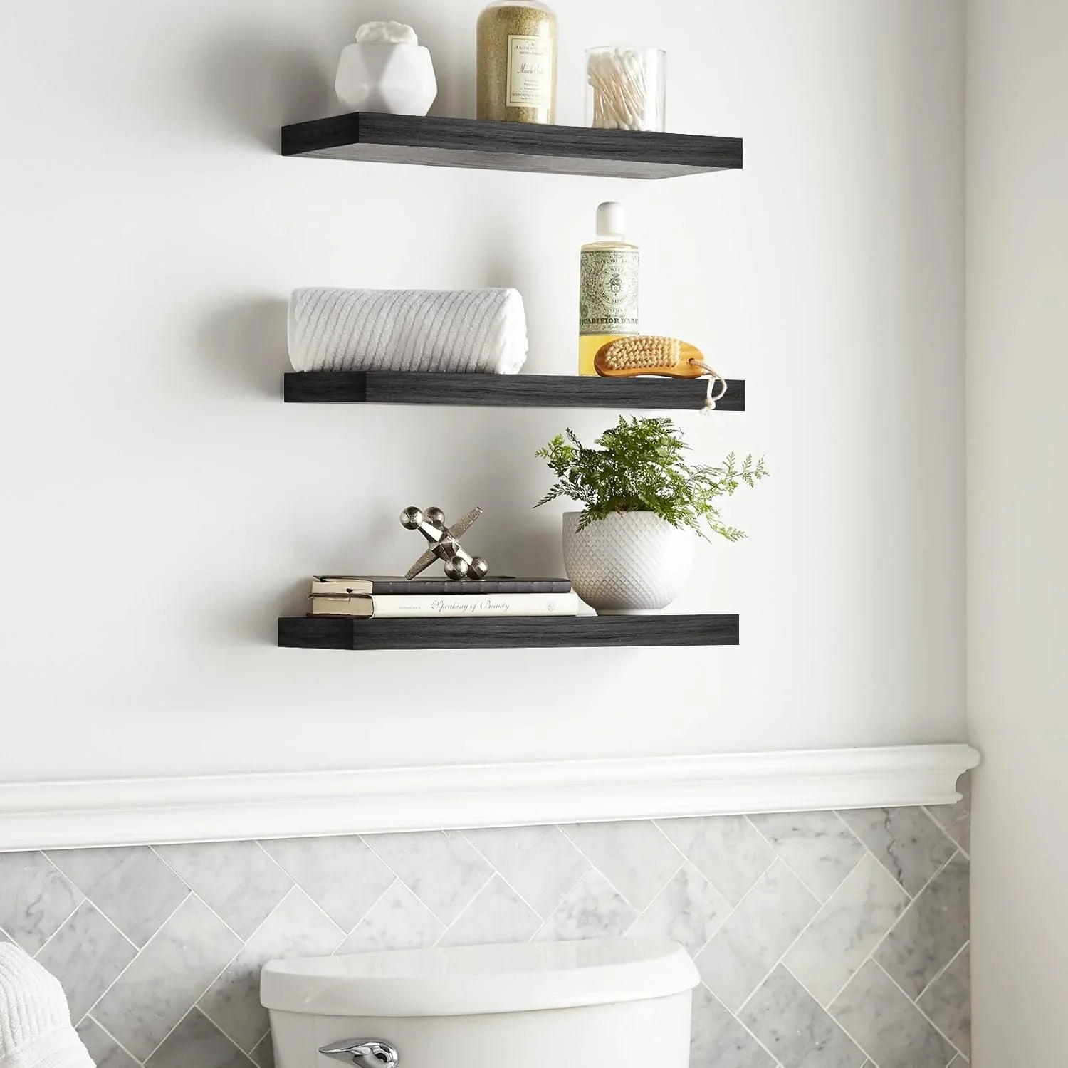 BAYKA Wall-Mounted Floating Shelves – Set of 3, Black, 15.7in
