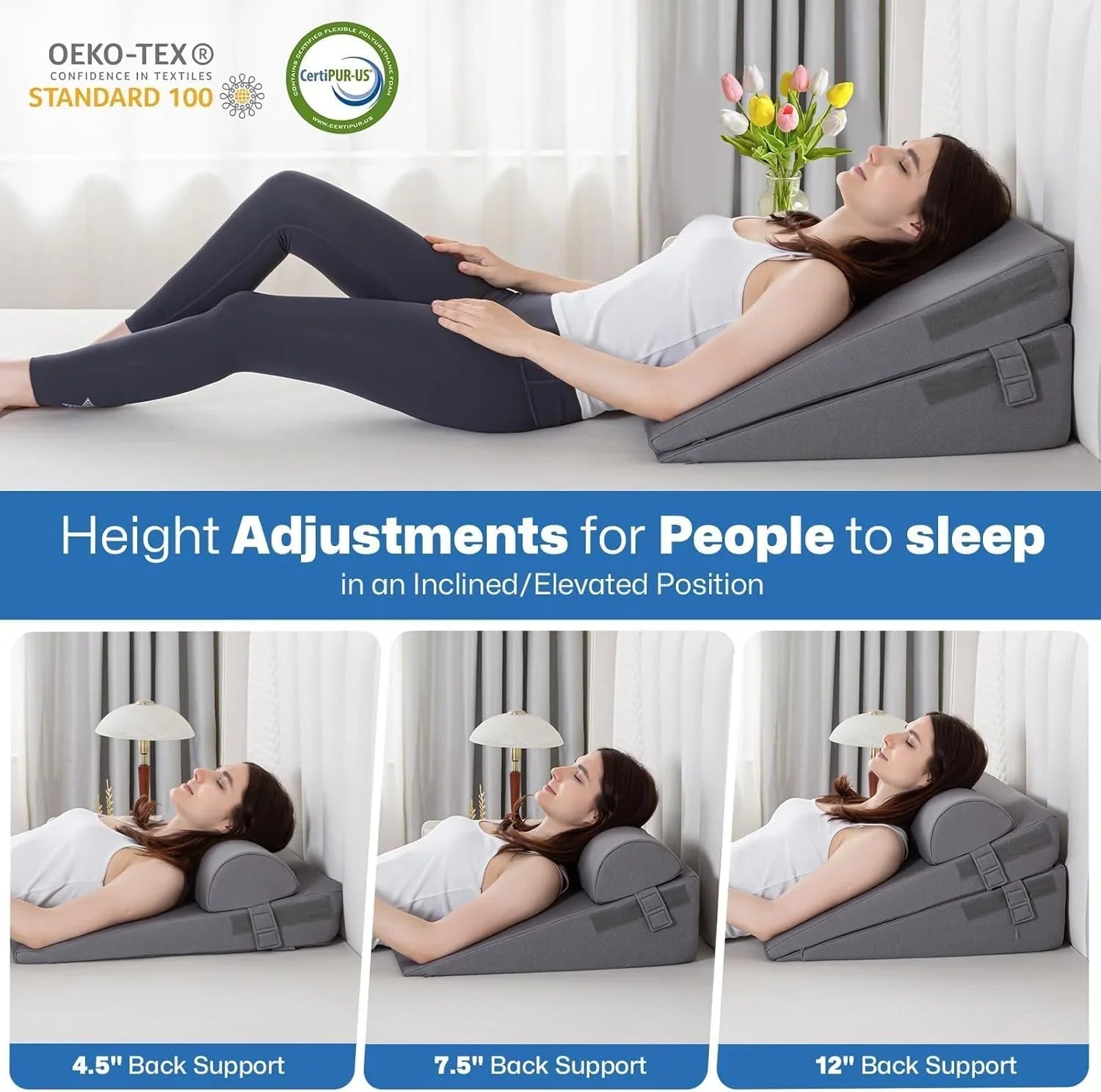 GOHOME 3-Piece Adjustable Wedge Pillow Set – Memory Foam, Grey