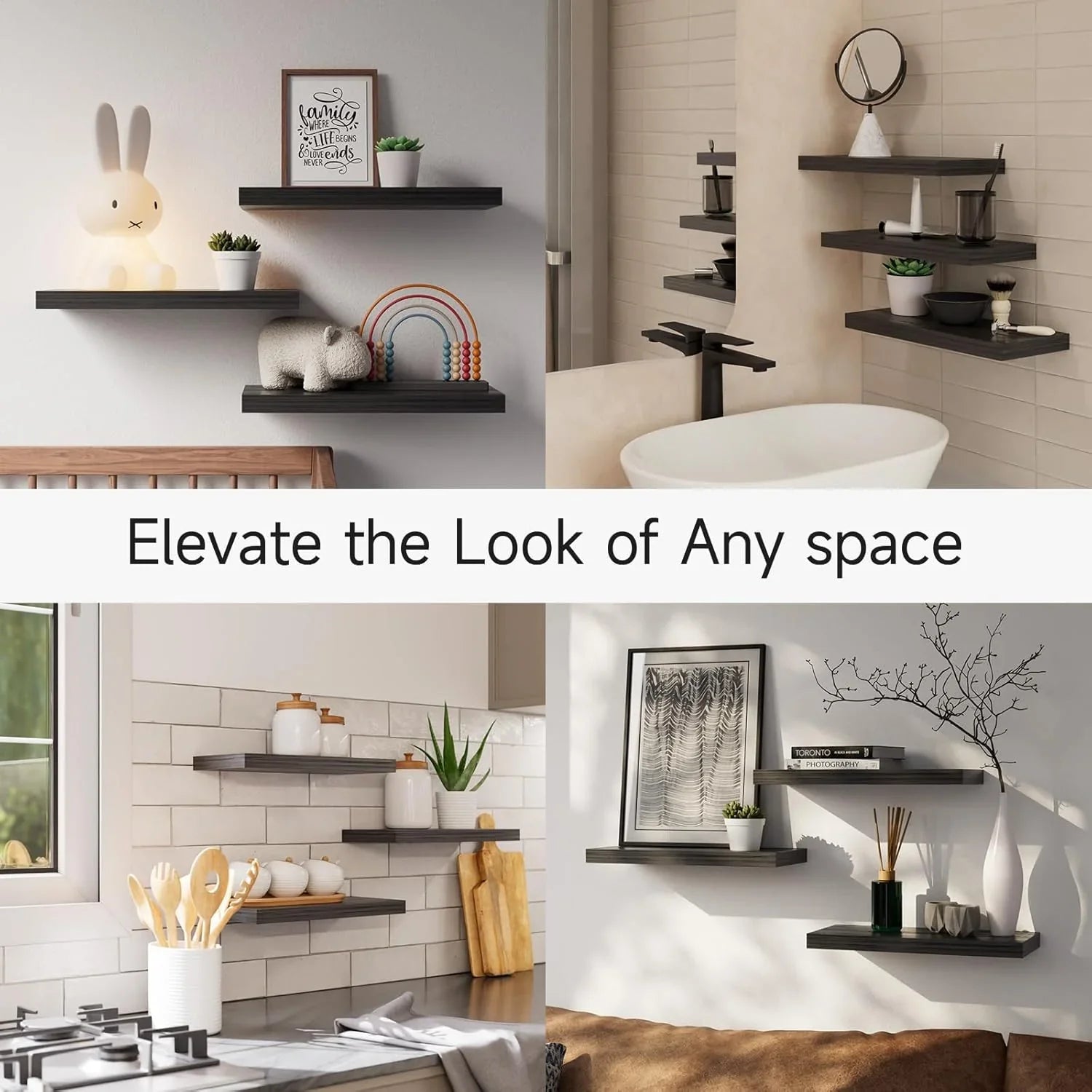 BAYKA Wall-Mounted Floating Shelves – Set of 3, Black, 15.7in