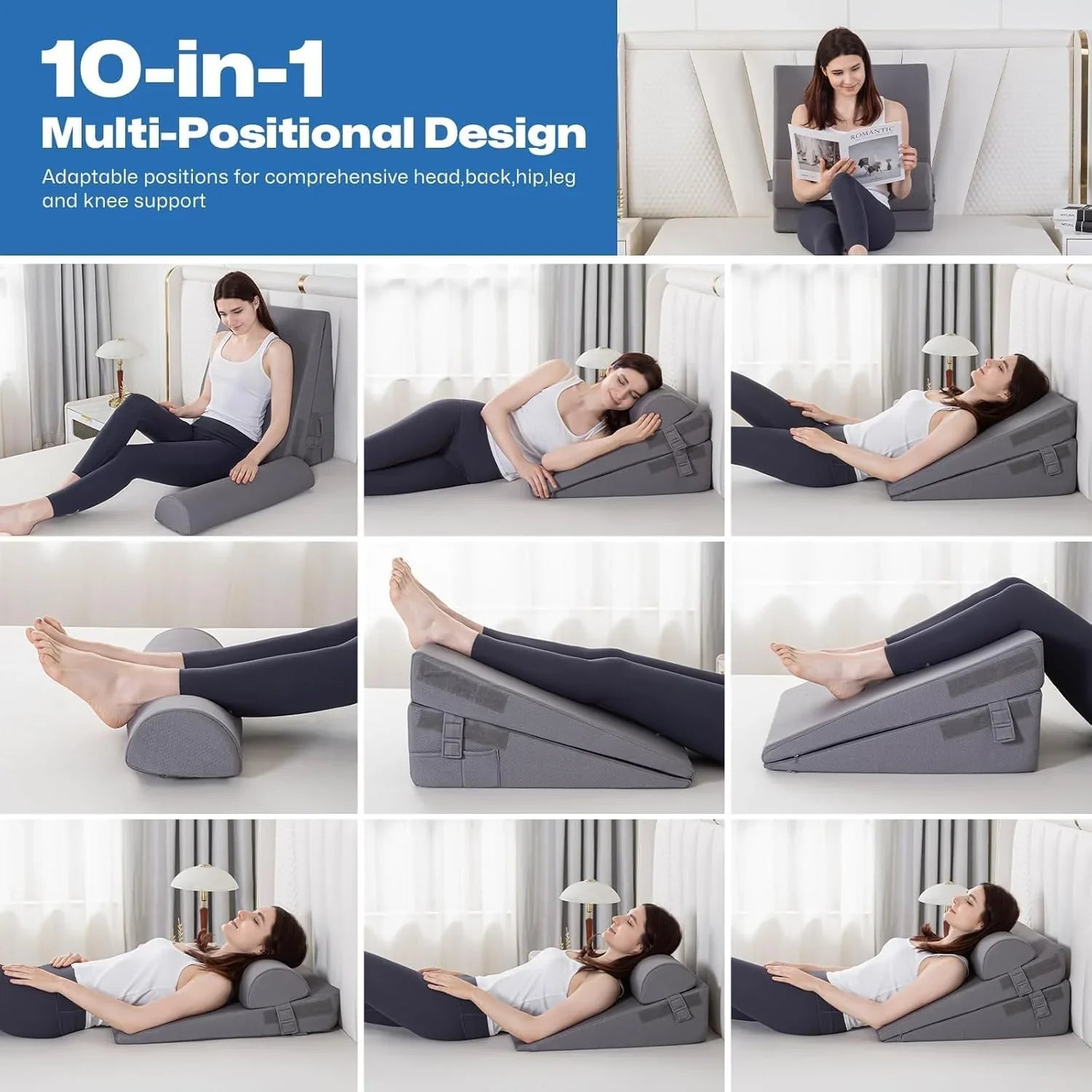 GOHOME 3-Piece Adjustable Wedge Pillow Set – Memory Foam, Grey