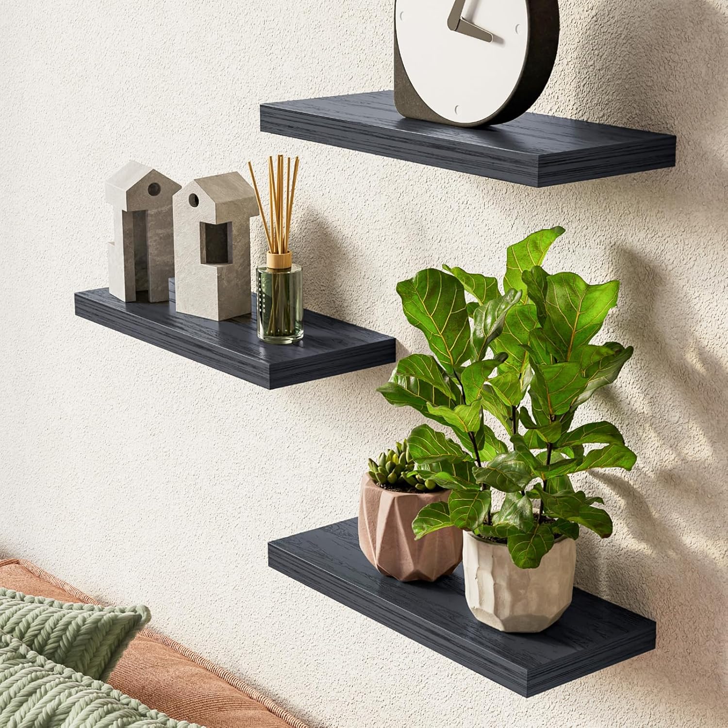 BAYKA Wall-Mounted Floating Shelves – Set of 3, Black, 15.7in